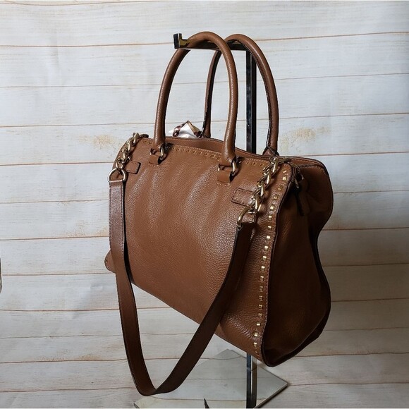 Michael Kors Leather Satchel Crossbody Handbag Pebbled Gold Tone Chain Hardware - Picture 7 of 16